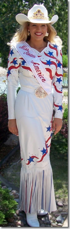 Miss Amanda Jenkins, Miss Rodeo America 2006 wearing a white pearlized lambskin dress