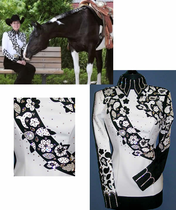 white and malibu blue lambskin jacket trimmed with 8 different leathers! Click to view close-up.
