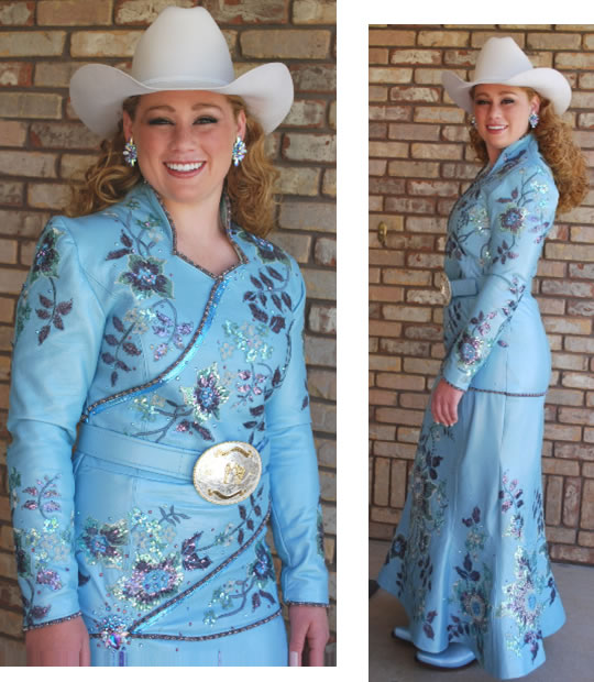 Tresa Goodrich in light blue pearlized lambskin dress