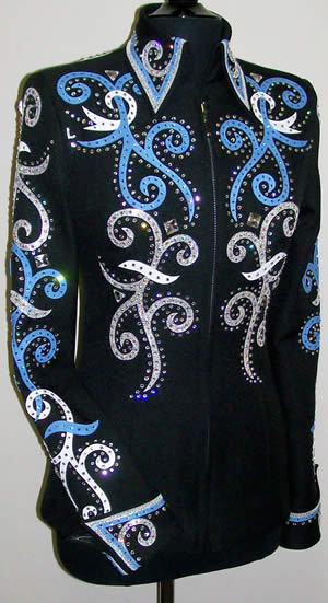 Showmanship coat with medium blue and white lambskin and silver ice leather appliques