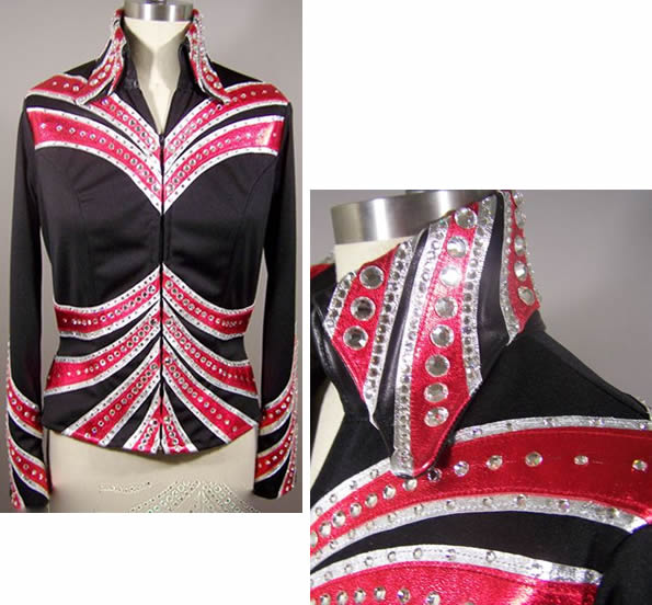 jacket with red metallic leather and silver ive leather trim trim.