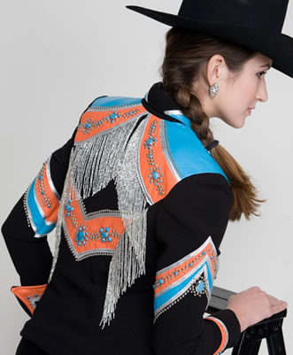 Jacket trimmed with turquoise and pumpkin lambskin leather
