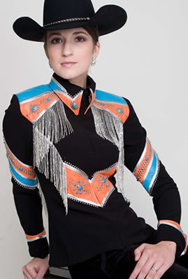Jacket trimmed with turquoise and pumpkin lambskin leather