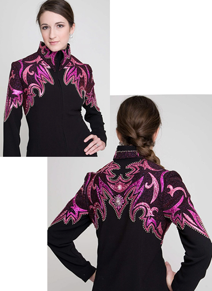 jacket trimmed with pink and magenta metallic leather