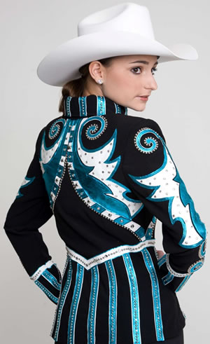 jacket trimmed with turquoise metallic leather