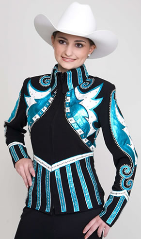 jacket trimmed with turquoise metallic leather