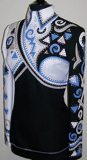 Showmanship coat with medium blue and white lambskin and silver ice leather appliques