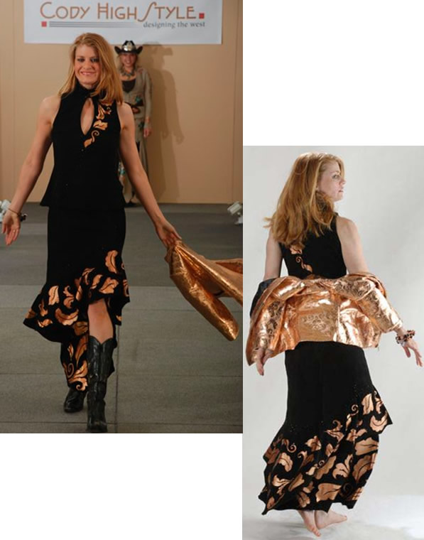 black pigsuede dress with matching copper metallic jacket