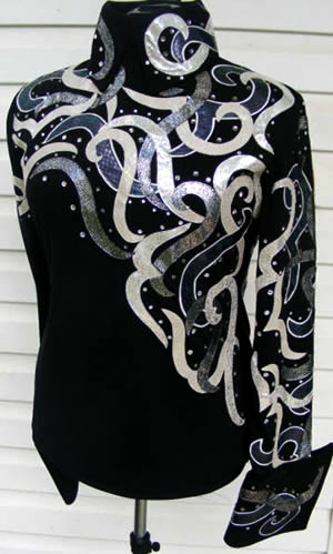 black shirt with black and white hologram leather and silver ice leather appliques
