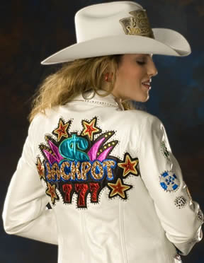 Jessica West, Miss Rodeo Washington 2006 wears a white lambskin Casino Royale Jacket.