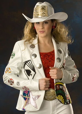 Jessica West, Miss Rodeo Washington 2006 wears a white lambskin Casino Royale Jacket.
