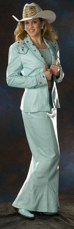 Jessica West, Miss Rodeo Washington 2006 wears a robin's Egg blue lamskin personality dress