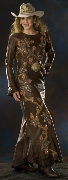 Jessica West, Miss Rodeo Washington 2006 wears a brown Santa Fe gaucho lambskin dress