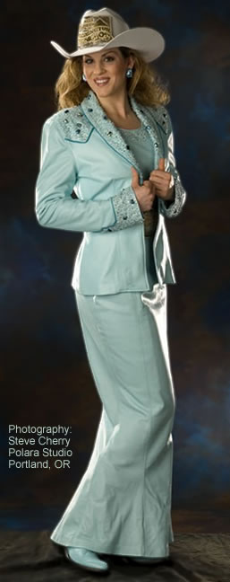 Jessica West, Miss Rodeo Washington 2006 wears a robin's egg blue lambskin personality dress.