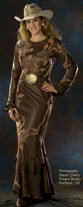 Jessica West, Miss Rodeo Washington 2006 wears a Santa Fe Gaucho lambskin fashion dress.
