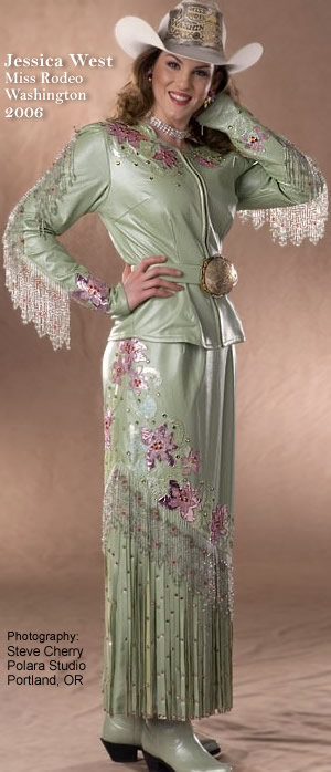 Jessica West's dress is made of pearlized cool mint lambskin, with rose ice, lime ice and pink metallic appliques.