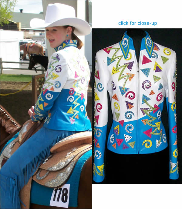 white and malibu blue lambskin jacket trimmed with 8 different leathers! Click to view close-up.
