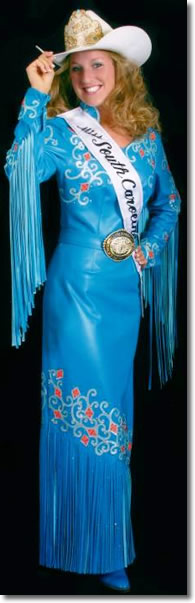 Malibu blue lamskin leather rodeo queen dress with leather appliques
