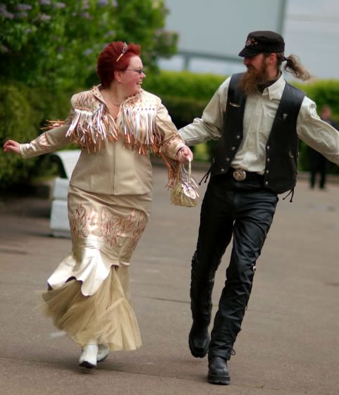Russian bride's leather wedding gown This Russian bride and her groom had a