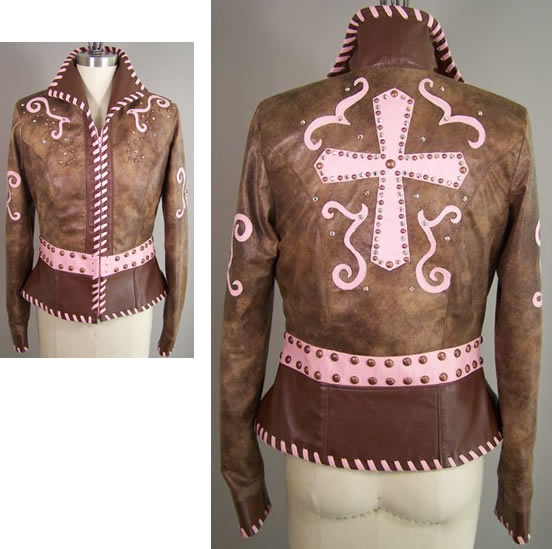 jacket with Santa Fe and chocolate lambskin & baby girl pink lambskin trim.