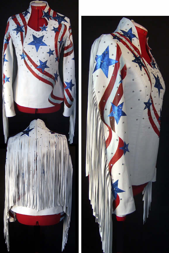 White lambskin parade shirt withroyal blue metallic leather appliques