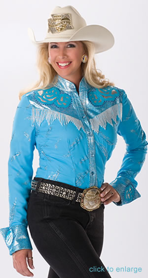 Jessica Crouch wearing a shirt with roses appliques of turquoise ice leather