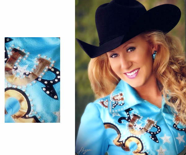 Chris Wade's western shirt has a turquoise metallic yoke with gold metallic leather and black lambskin leather appliques
