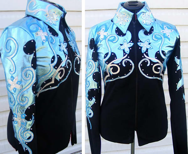 shirt with collar, yoke and sleeves of clear blue metallic leather, with turquoise lambskin and gold ice appliques