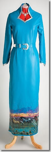 turquoise lambskin leather rodeo queen dress with painted ponies design