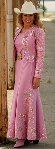 pink orchid lambskin dress worn by Miss Chris Wade