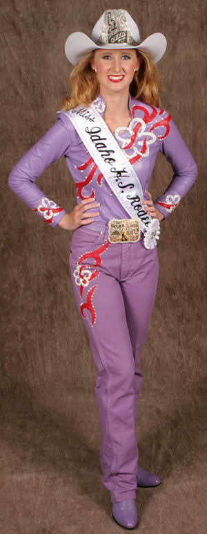 Whitney Summers wears a lavender lambskin shirt with lambskin appliques