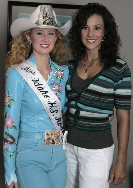 Whitney Summers in a light blue lambskin shirt, and a friend