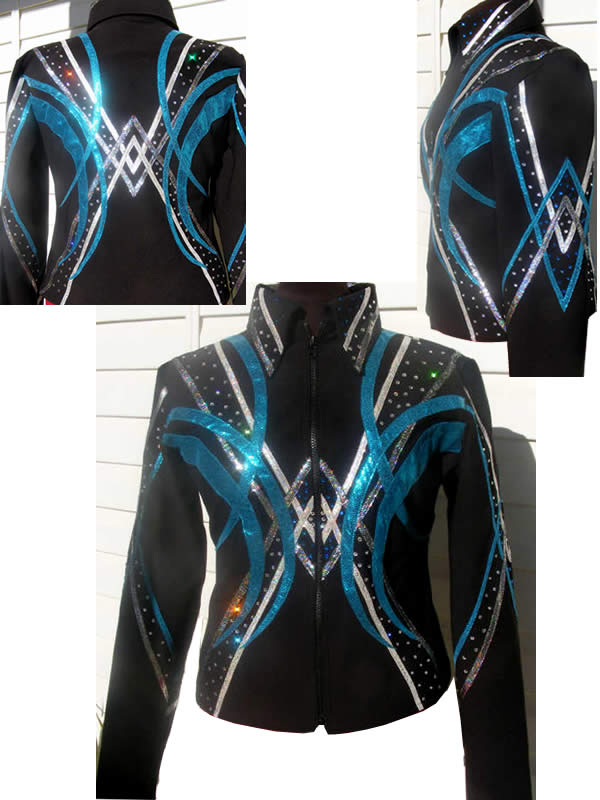 black jacket has teal glory leather, silver ice leather and pewter HMD leather appliques