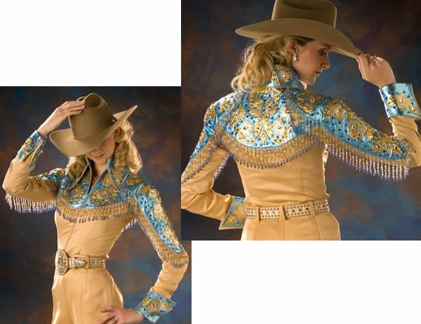 Clear blue metallic, gold metallic, and champagne
              metallic leather combine in this shirt