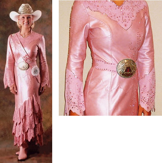 Emily Aldredge, National High School Rodeo Queen 2004/2005, in a pink peony pearlized lamskin dress
