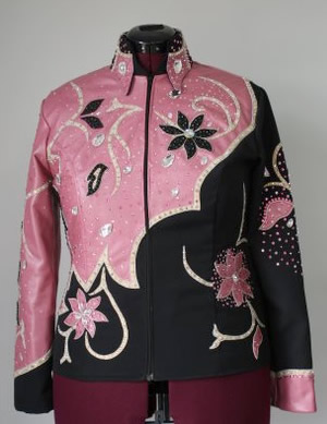 rose pearlized lambskin trim on a dark jacket