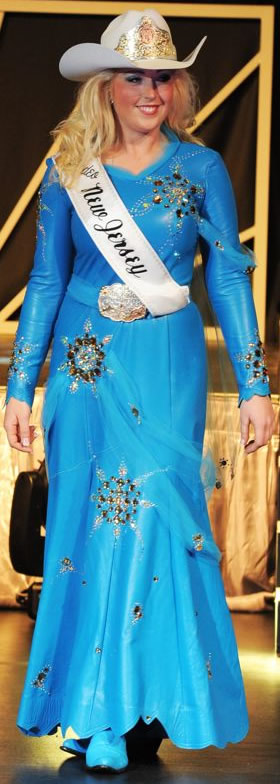 Amanda Thompson, Miss Rodeo New Jersey, wearing a Malibu blue lambskin dress