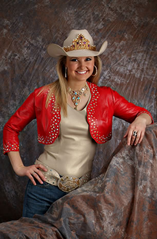 Amy Wilson, Miss Rodeo America 2008 wears a red lambskin bolero with a champagne pearlized lambskin camisole and matching belt