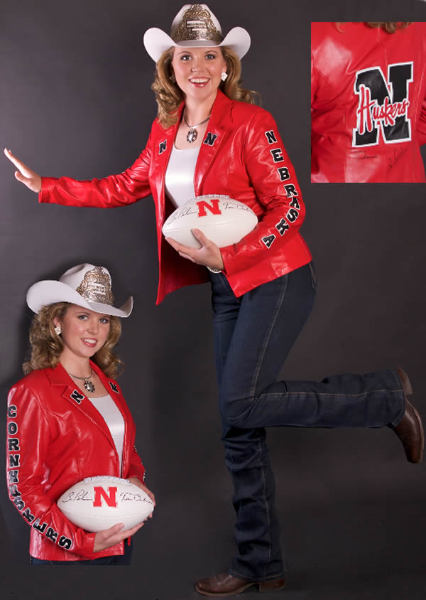 Amay Amack, Miss Rodeo Nebraska 2009 wears a Nebrask Red Lambskin Jacket