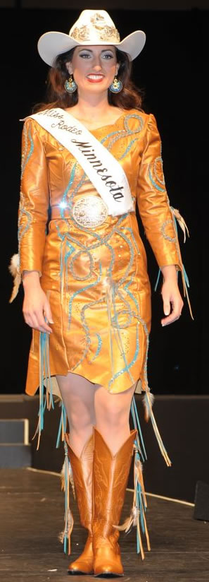 Ashley Fuch, Miss Rodeo Minnesota wearing a copper peralized leather dress