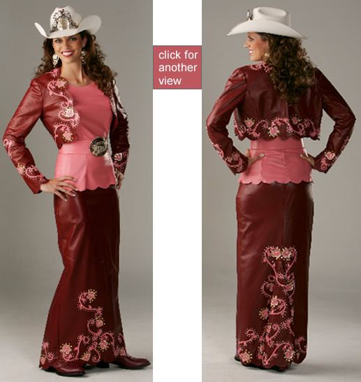 Jamie Udell, Miss Rodeo Utah 2011 in cranberry and salmon lambskin dress