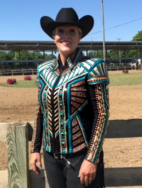 Riding Jacket featuring jade, metallic gold, and metallic bronze leathers