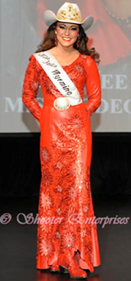 Desiree Bridges  Miss Rodeo Wyoming 2014, wearing fire red lambskin dress