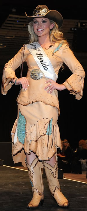 Devon Firestone, Miss Rodeo Florida wearing a natural lambskin dress
