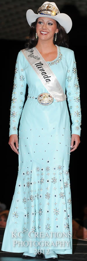 Kayla Roundy, Miss Rodeo Nevada 2012 in a robin's egg blue lambskin dress