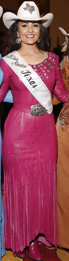 Nikki Woodward, Miss Rodeo Texas wearing a dark fushia lambskin dress