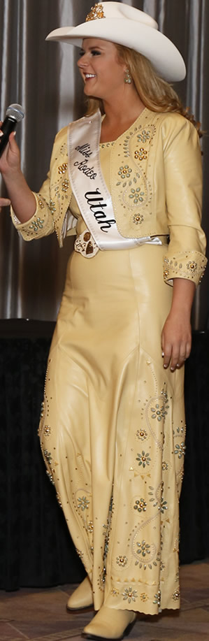 Bailey Jo Woolsey Miss Rodeo Utah 2015 wearing a chamois lambskin dress
