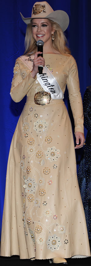 Katherine Merck, Miss Rodeo America 2016, in a cream lambskin dress