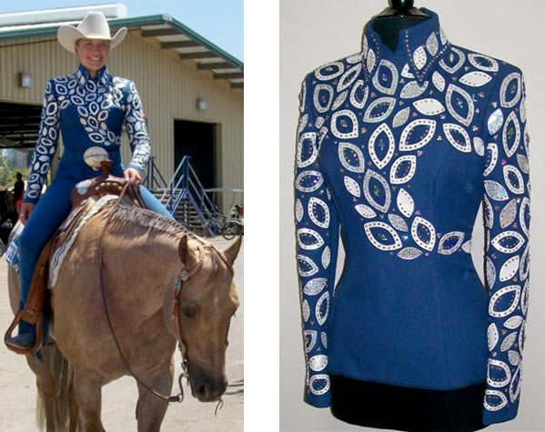 Michelle wears a showmanship jacket trimmed with white lambskin and silver ice appliques