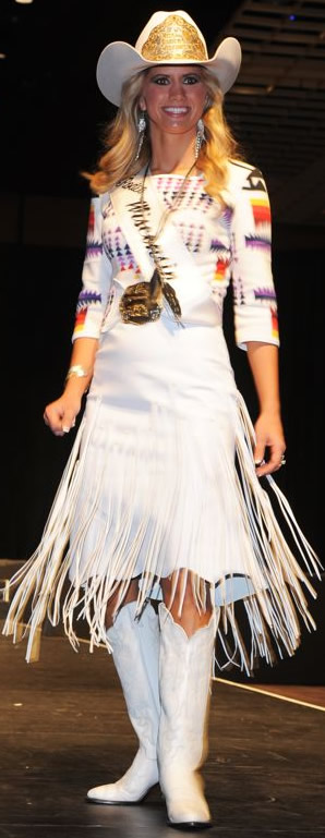 Miriah Lehmann, Miss Rodeo Wisconsin, wearing a white lambskin dress